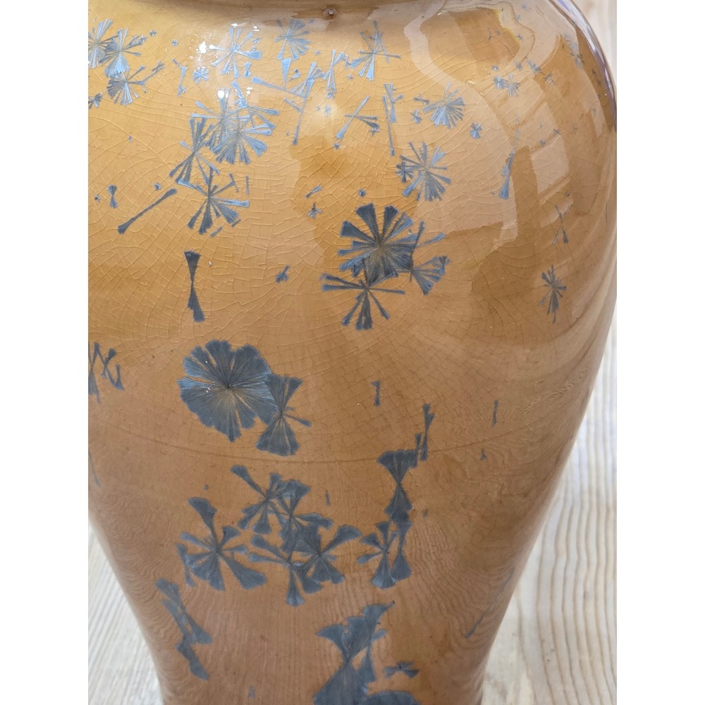 Artist SIgned Pottery Vtg Crystalline Vase Amber Blue Starburst Crackle Glaze